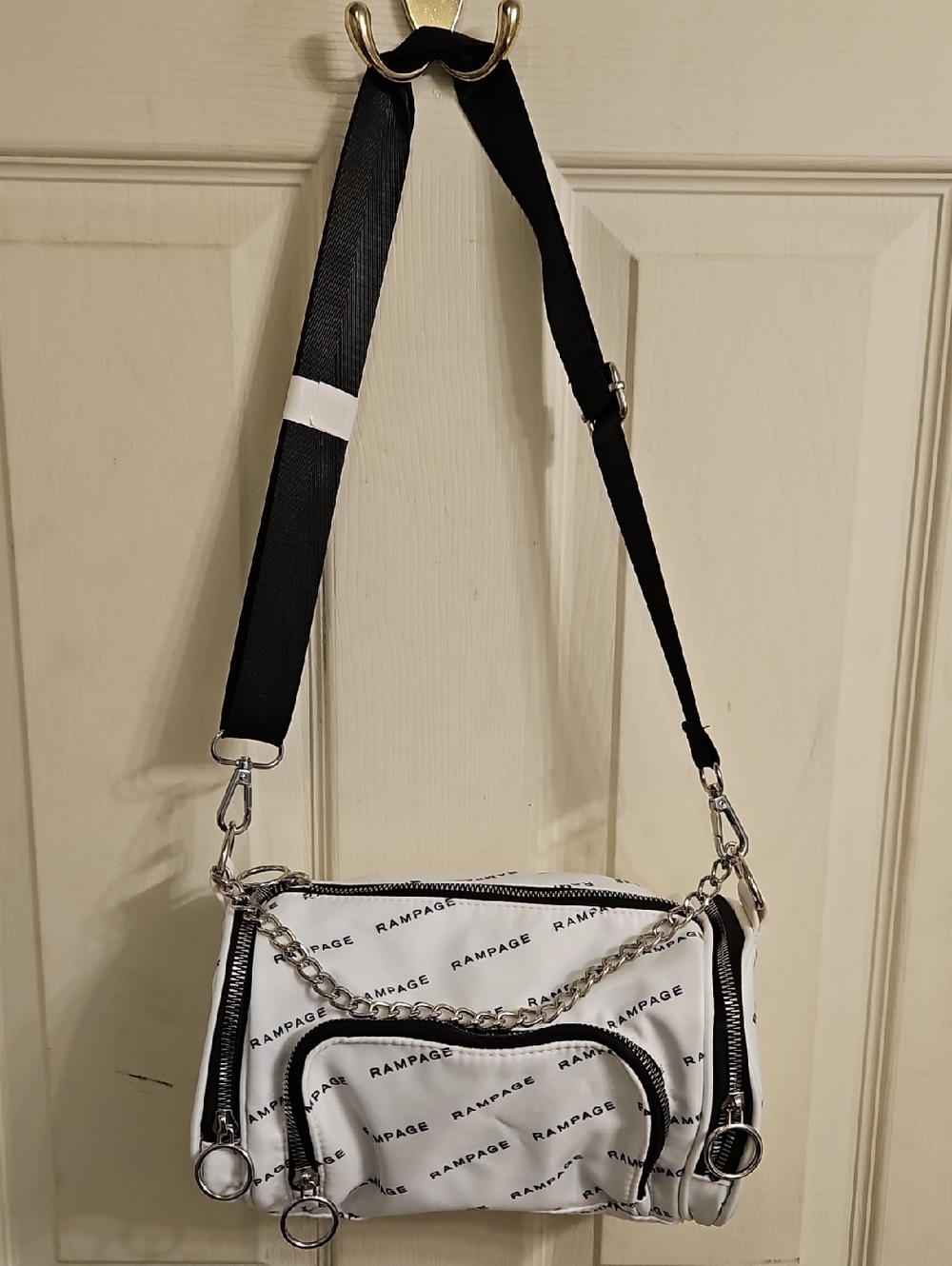 Rampage White Logo Crossbody with Black Strap and Silver Chain
